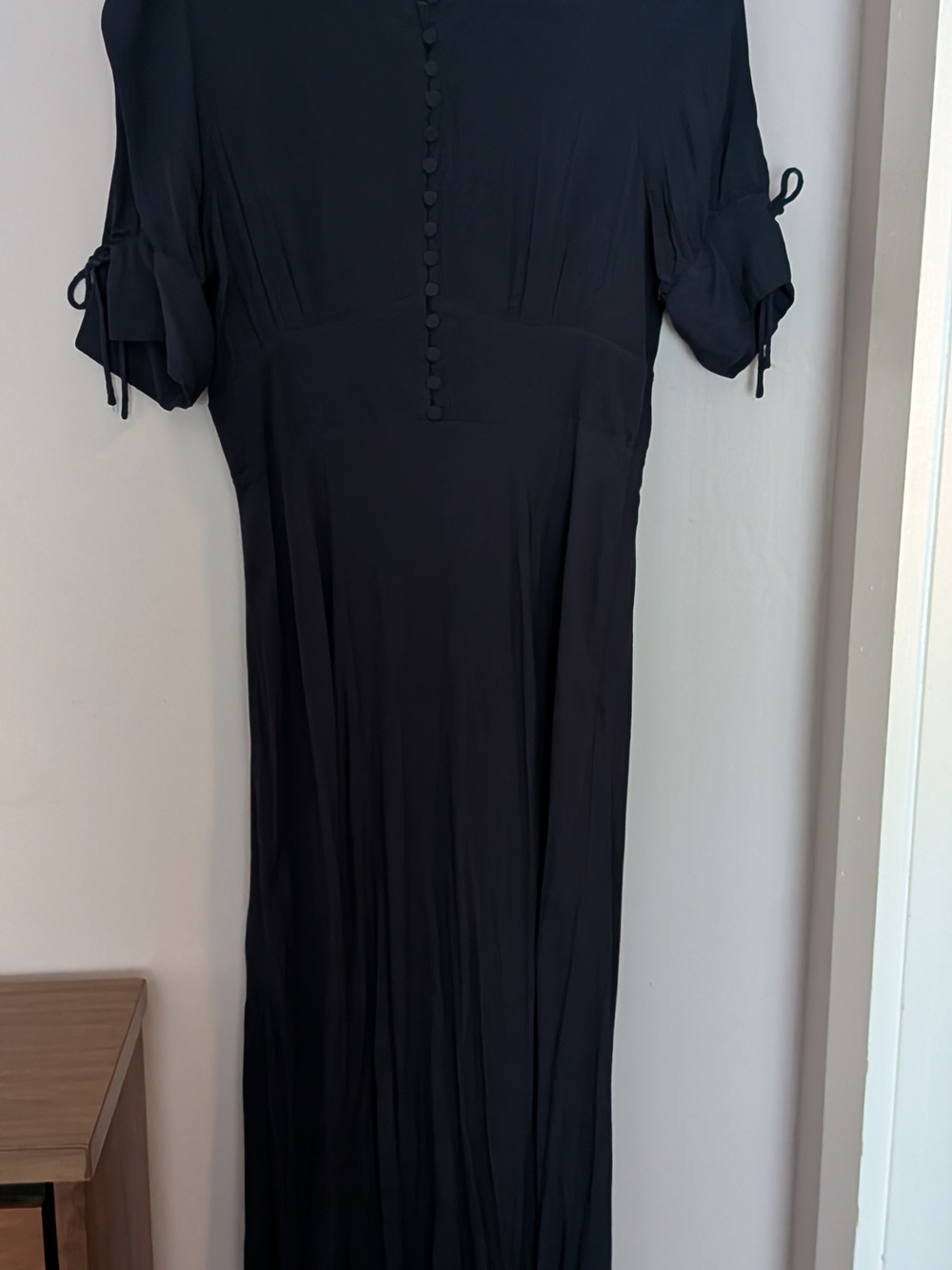 J. Crew Navy Dress with Covered Buttons and Tie Sleeves